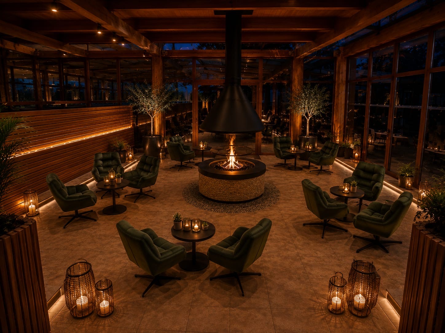 Lounge mit zentraler Feuerstelle und grünen Sesseln